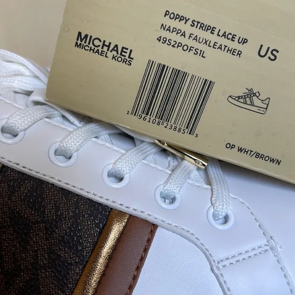 MICHAEL KORS POPPY STRIPE LACE UP NAPPA FAUX LEATHER WMNS OPTIC WHITE/BROWN - Picture 12 of 16